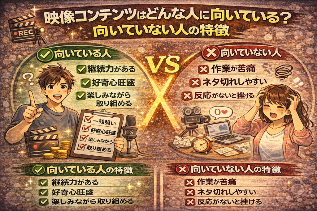 映像コンテンツに向いている人と向いていない人の特徴を比較して解説したアイキャッチ画像
