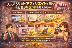 人を軸にしたアダルトアフィリエイトで初心者が月5万円を目指すための仕組みと戦略を図解したアイキャッチ画像
