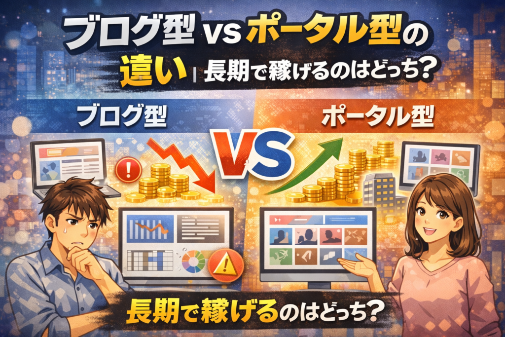 ブログ型とポータル型サイトの違いを比較し長期で稼げる構造を解説するアイキャッチ画像
