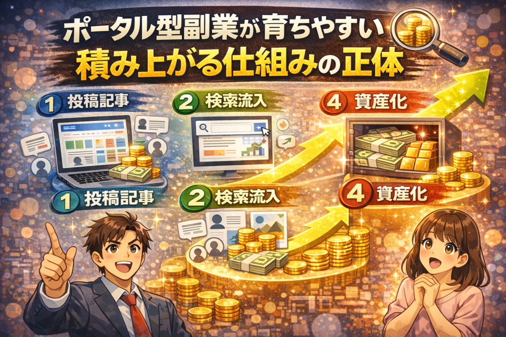 ポータル型副業がなぜ育ちやすいのかを積み上がる仕組みとして図解で説明したアイキャッチ画像