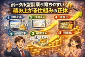 ポータル型副業がなぜ育ちやすいのかを積み上がる仕組みとして図解で説明したアイキャッチ画像