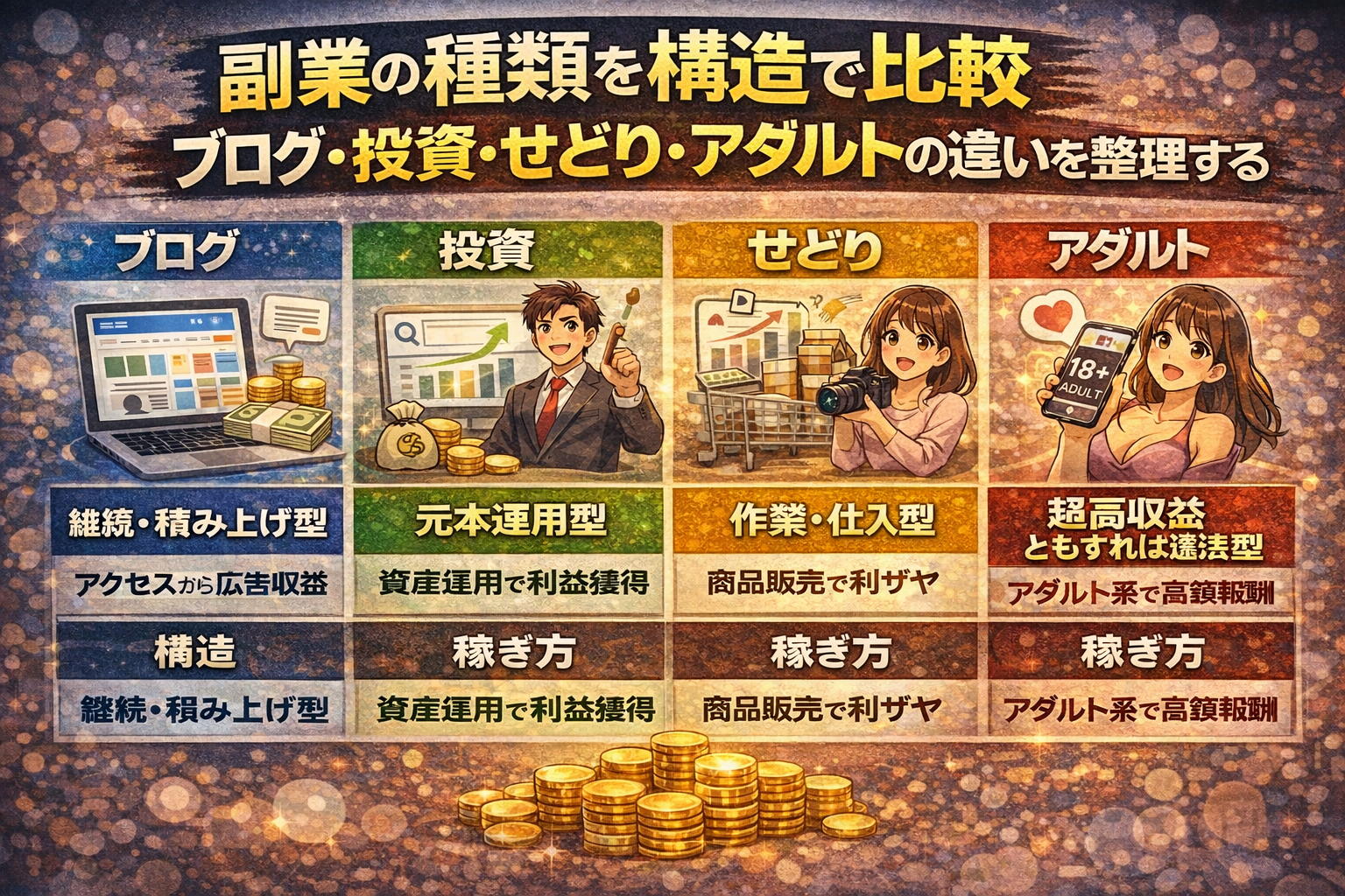 ブログ・投資・せどり・アダルトなど副業の種類を収益構造の違いで比較整理したアイキャッチ画像