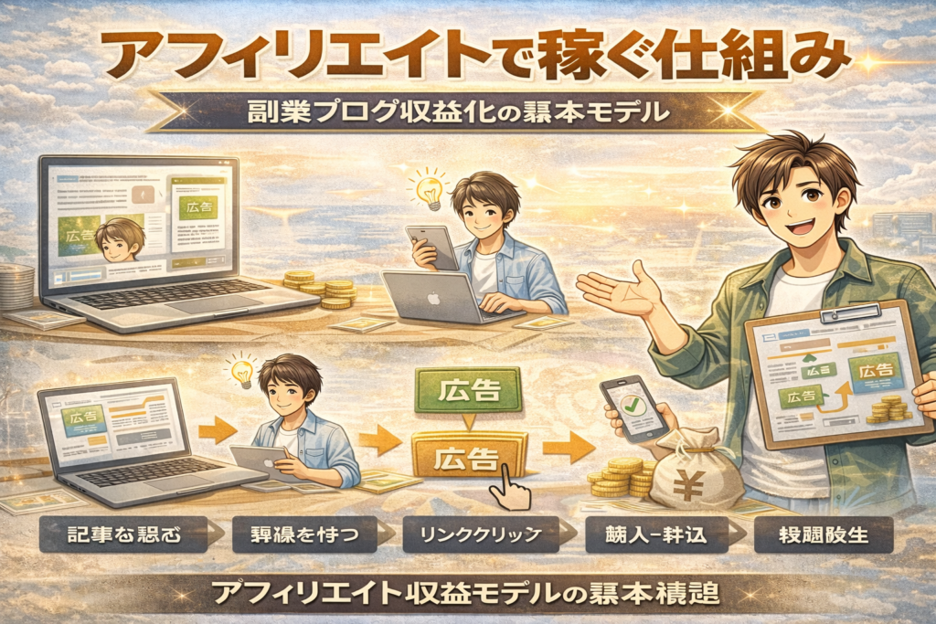 副業ブログでアフィリエイト収益が発生する仕組みと成約フローを図解したイメージ