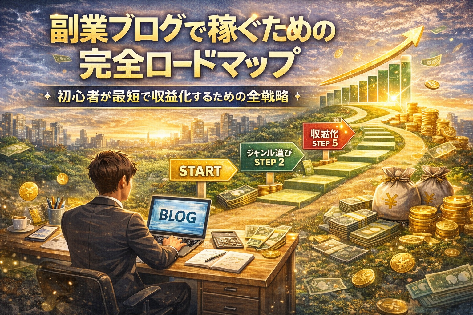 副業ブログで稼ぐための完全ロードマップと収益化までの手順を表したイメージ
