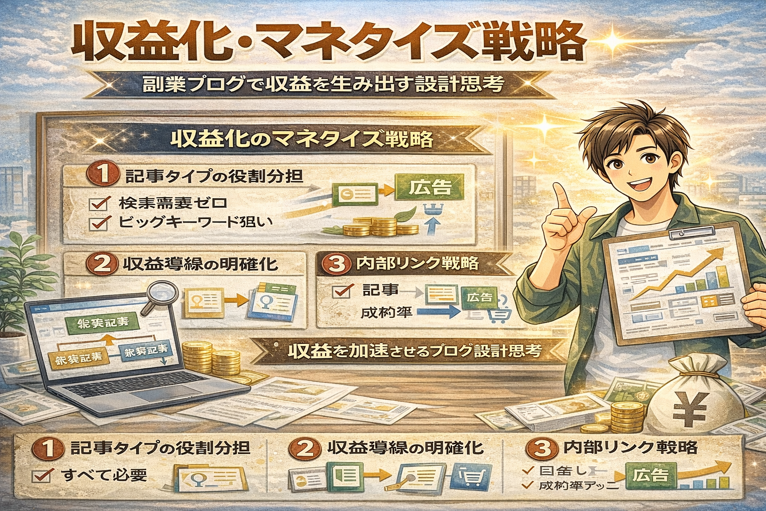 収益化・マネタイズ戦略 副業ブログで収益を生み出すためのマネタイズ戦略と導線設計をイメージした図解