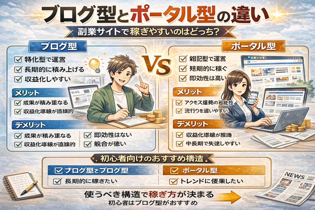 副業サイト運営におけるブログ型とポータル型の構造の違いを比較したイメージ