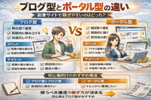 副業サイト運営におけるブログ型とポータル型の構造の違いを比較したイメージ