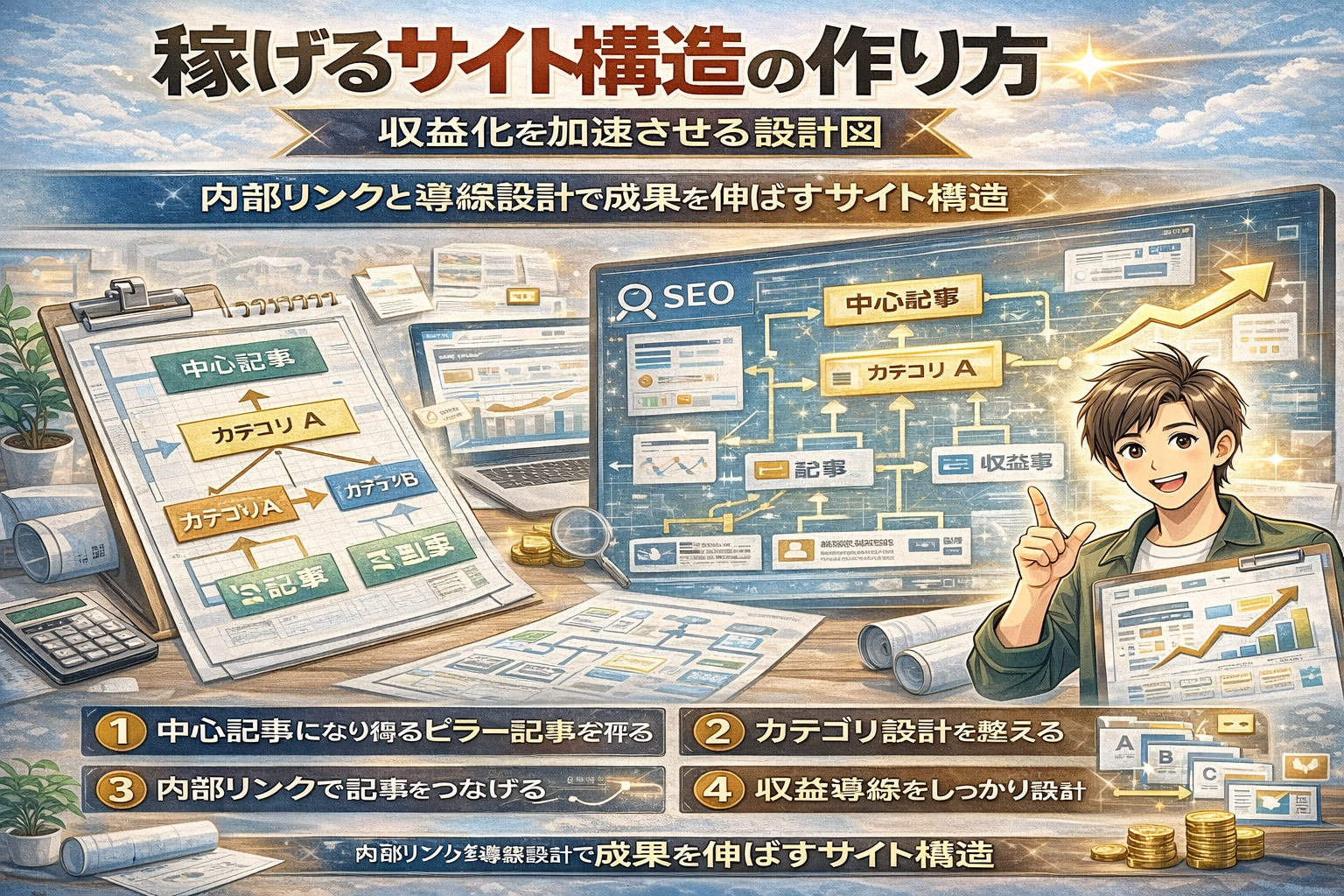 副業ブログやアフィリエイトサイトで収益化を加速させるためのサイト構造と設計図を表したイメージ