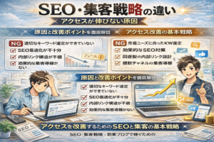 副業ブログで安定アクセスを生み出すためのSEOと集客戦略をイメージした図解