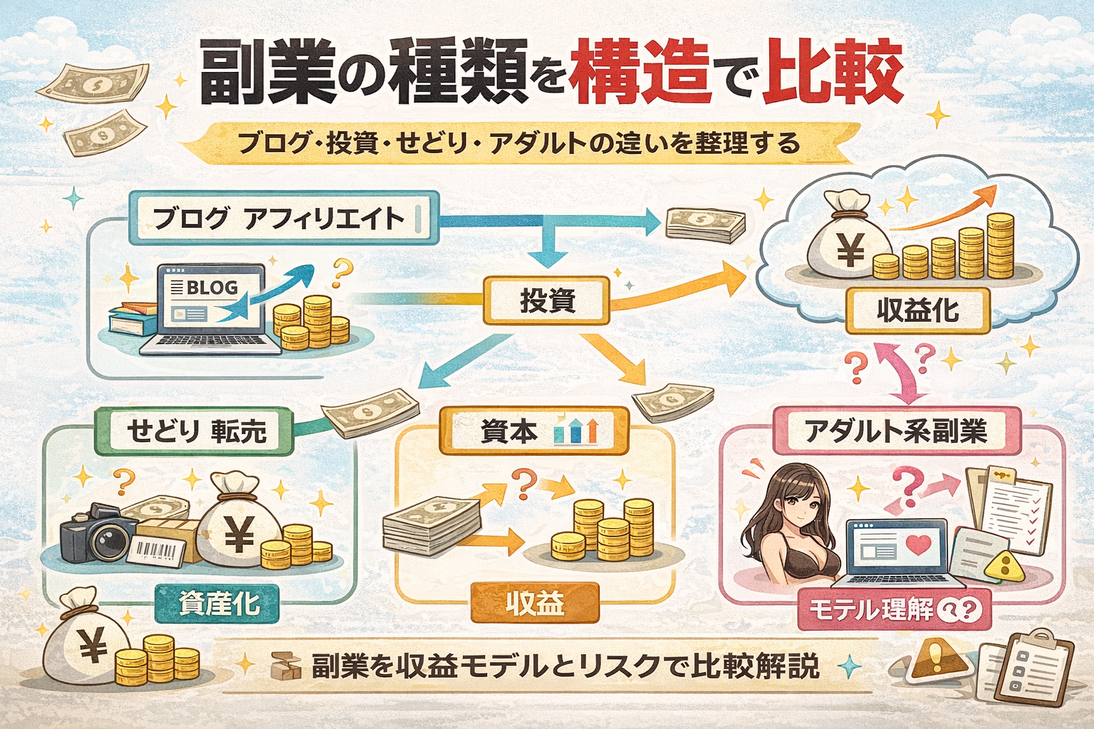 ブログ・投資・せどり・アダルト副業の違いを収益構造で比較したイメージ