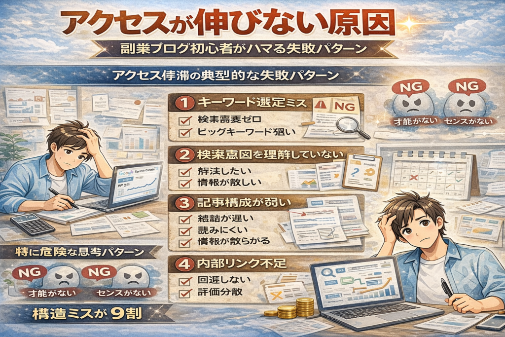 副業ブログでアクセスが伸びない原因と改善ポイントを解説したイメージ