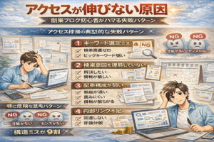 副業ブログでアクセスが伸びない原因と改善ポイントを解説したイメージ