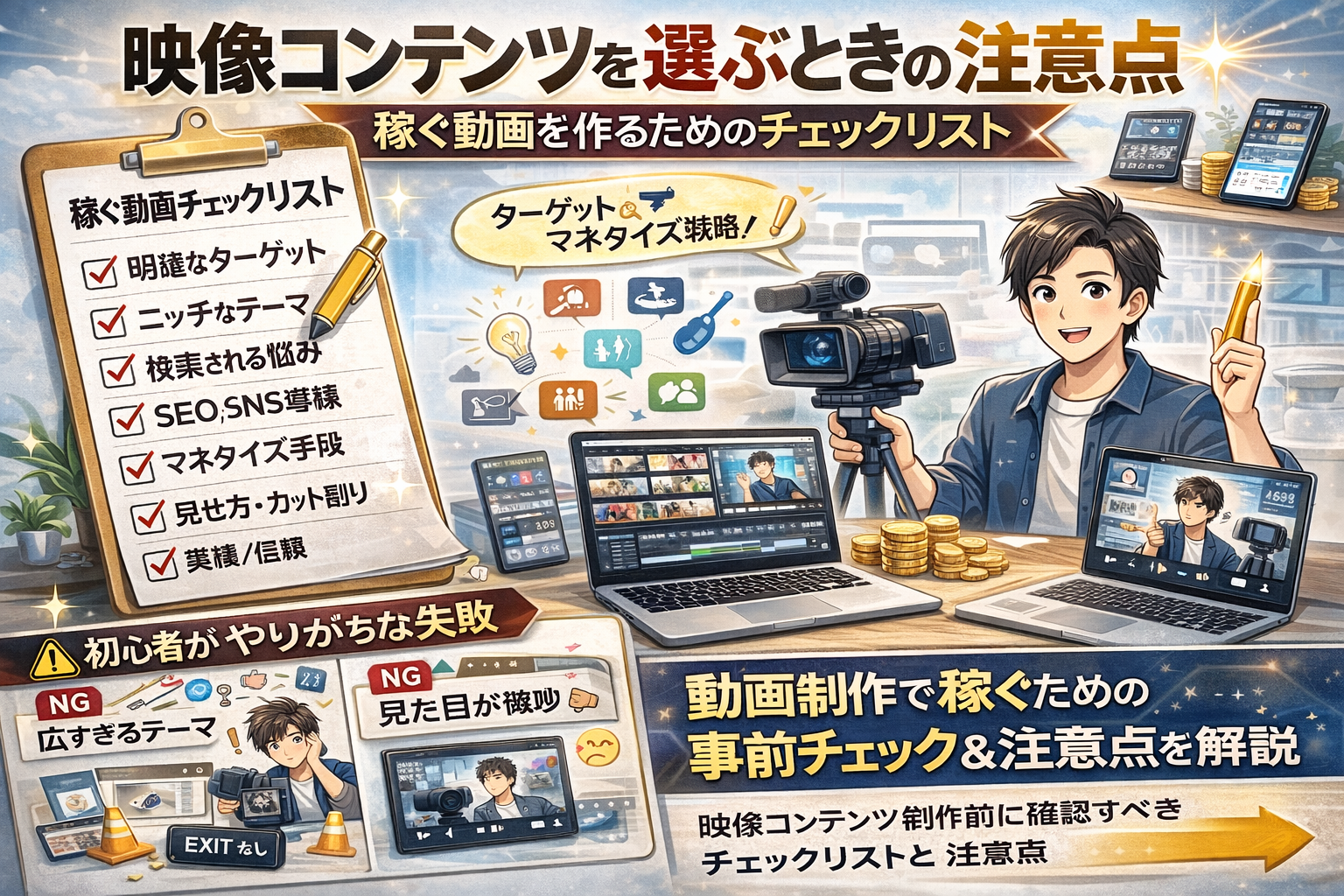 映像コンテンツ副業で初心者が失敗しないための注意点と選び方を解説したイメージ